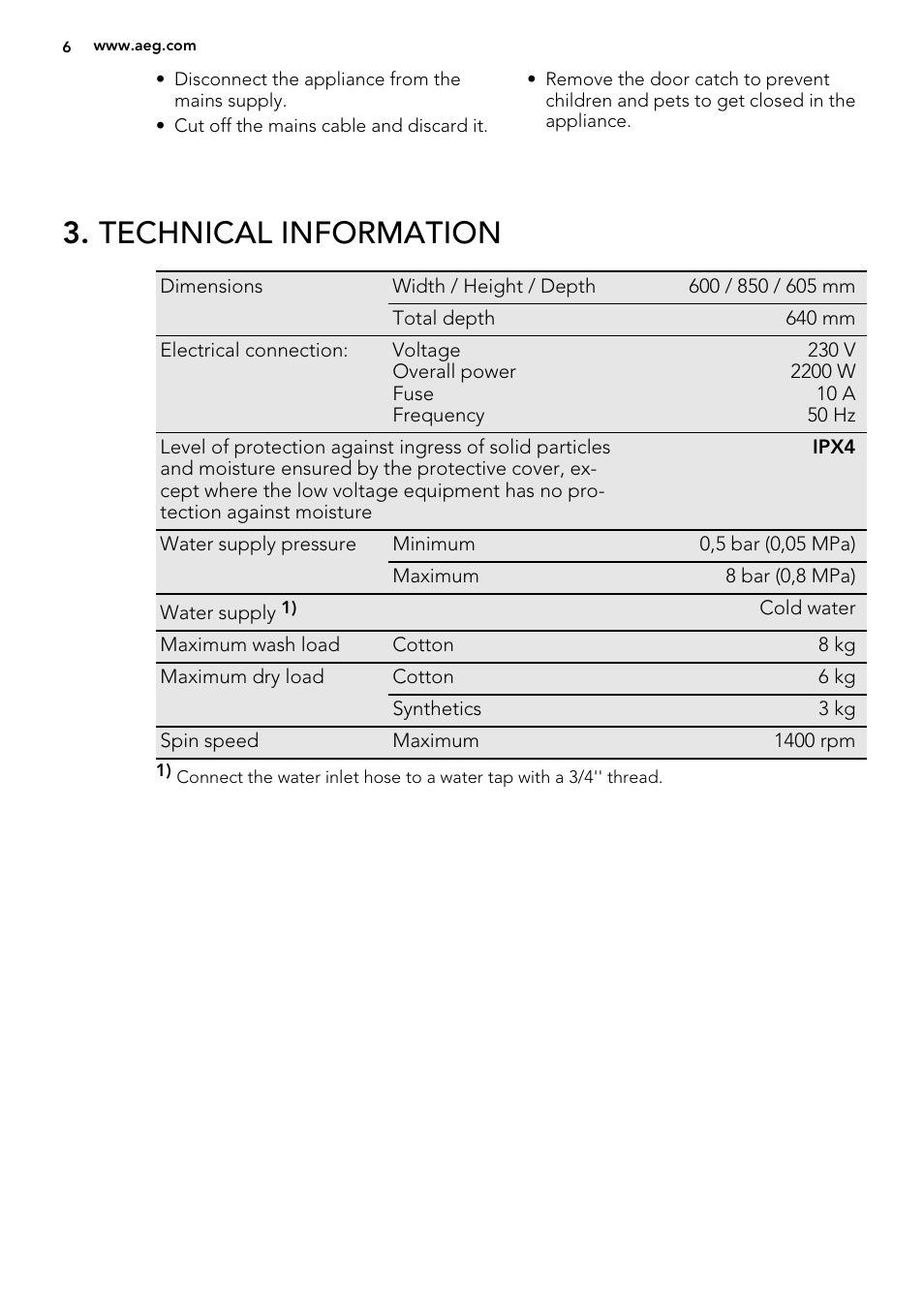 Technical information | AEG L61470WDBI User Manual | Page 6 / 76