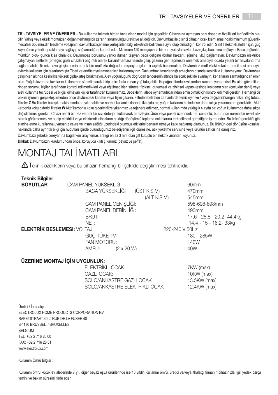 Montaj talimatlari | AEG X66163MD10 User Manual | Page 31 / 80