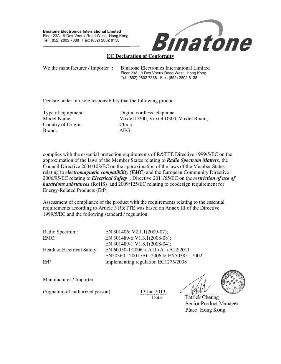 AEG Voxtel D200 User Manual | 1 page