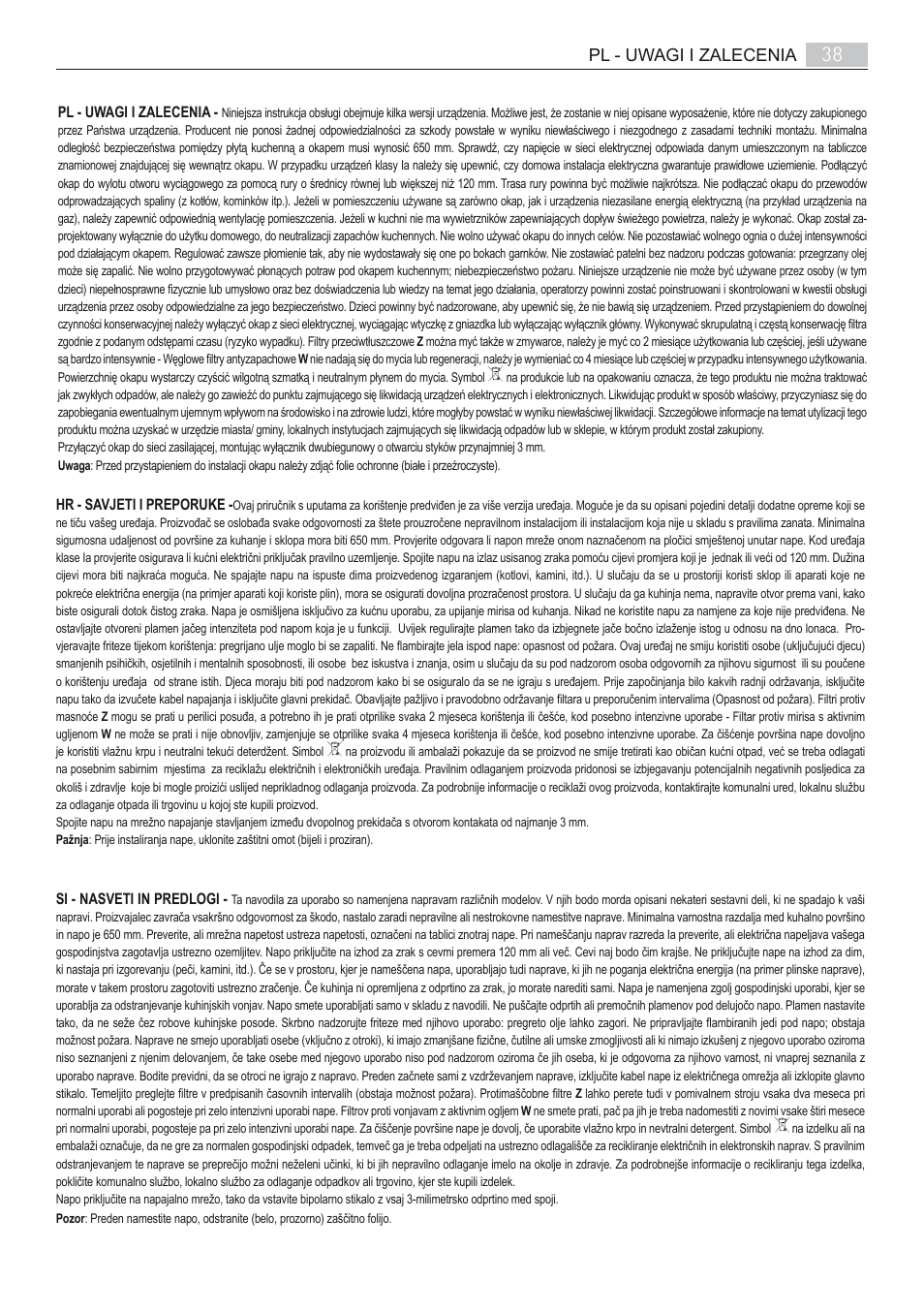 Pl - uwagi i zalecenia | AEG X68163BV10 User Manual | Page 38 / 48