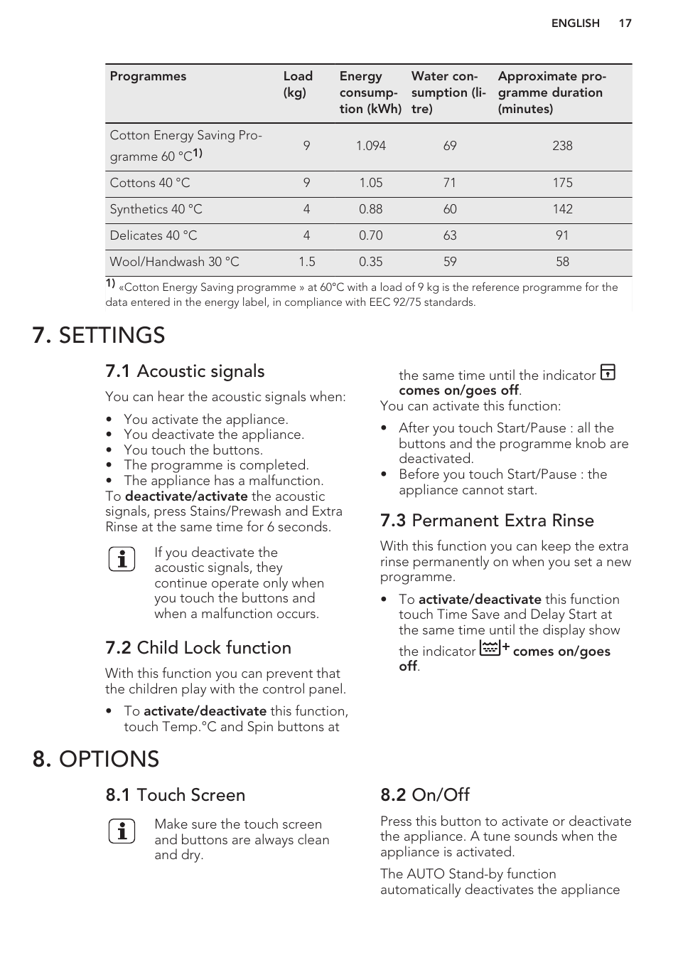 Settings, 1 acoustic signals, 2 child lock function | 3 permanent extra rinse, Options, 1 touch screen, 2 on/off, Settings 8. options | AEG T65170AV User Manual | Page 17 / 48