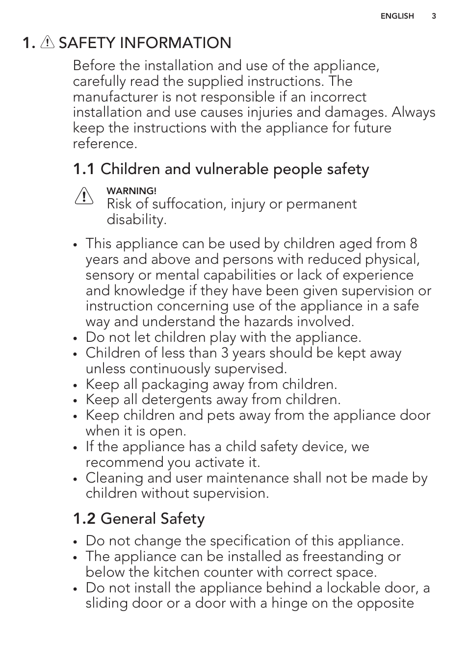 Safety information, 1 children and vulnerable people safety, 2 general safety | AEG T65170AV User Manual | Page 3 / 48