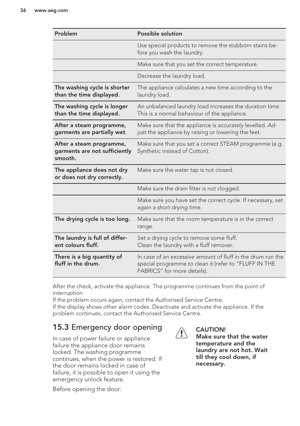 3 emergency door opening | AEG T65170AV User Manual | Page 36 / 48