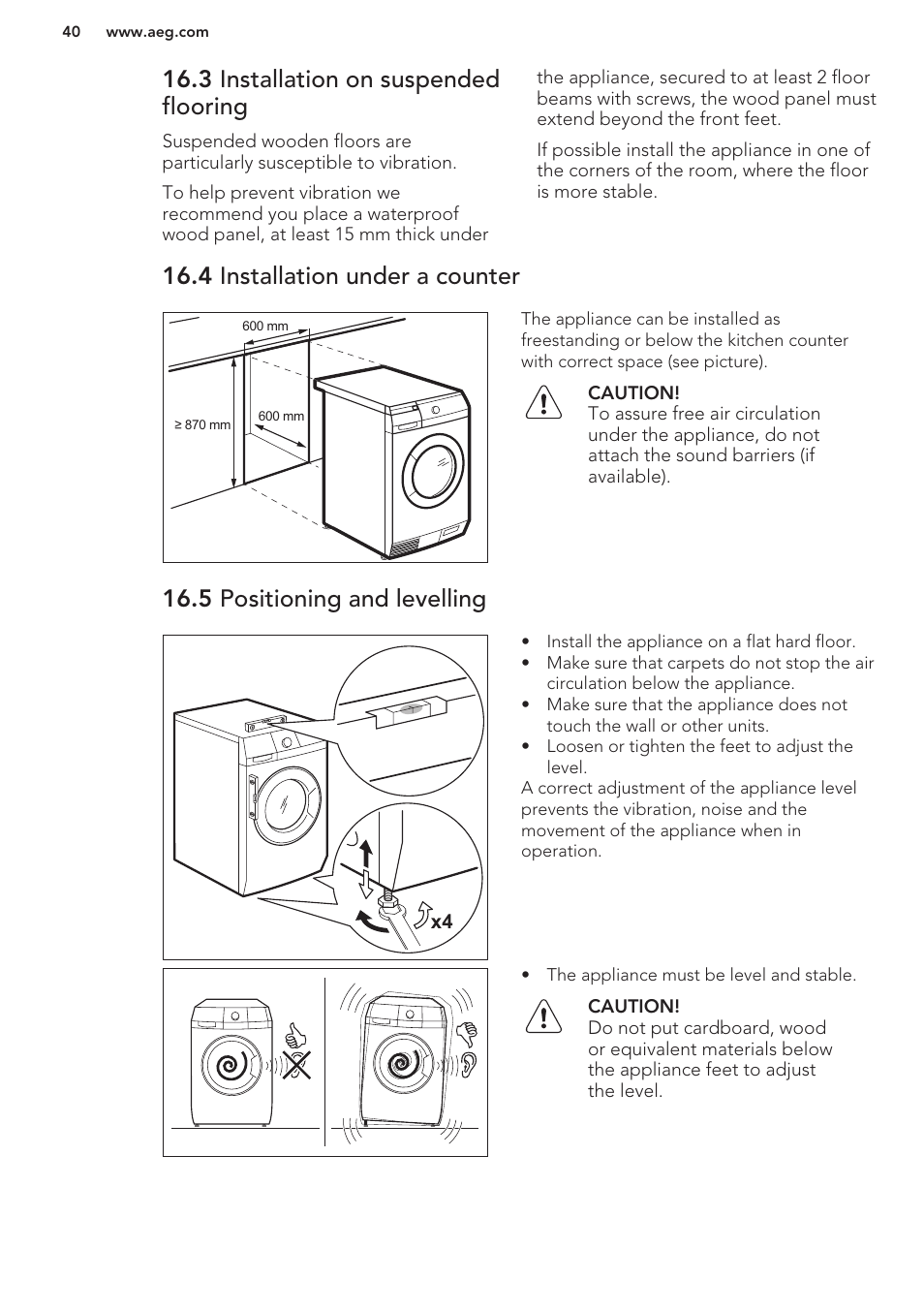 3 installation on suspended flooring, 4 installation under a counter, 5 positioning and levelling | AEG T65170AV User Manual | Page 40 / 48