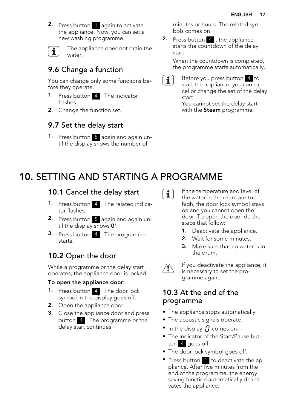 Setting and starting a programme, 6 change a function, 7 set the delay start | 1 cancel the delay start, 2 open the door, 3 at the end of the programme | AEG L76285FL User Manual | Page 17 / 36