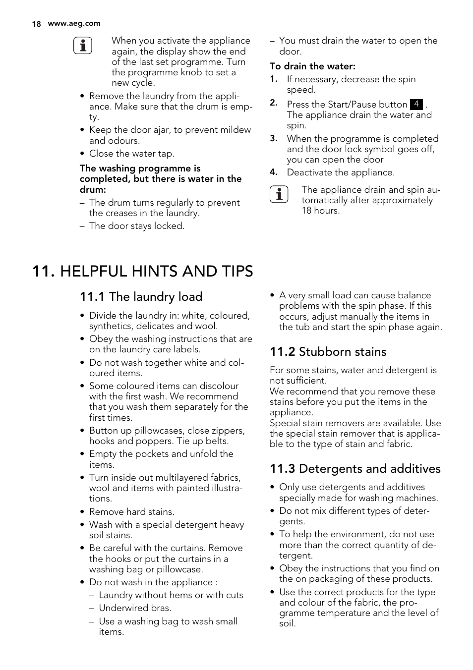 Helpful hints and tips, 1 the laundry load, 2 stubborn stains | 3 detergents and additives | AEG L76285FL User Manual | Page 18 / 36
