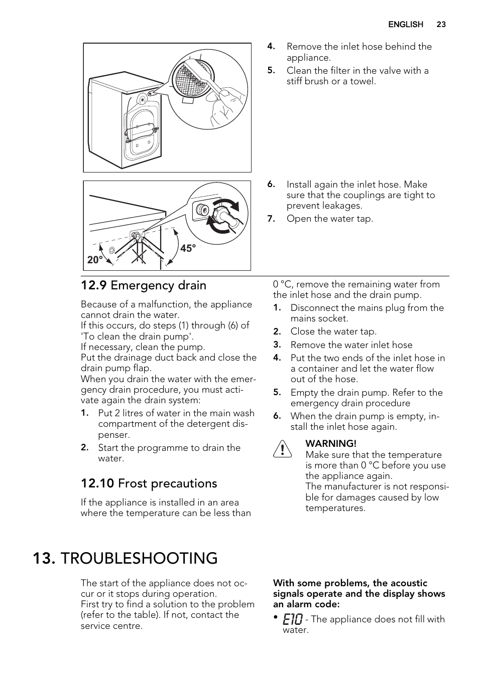 Troubleshooting, 9 emergency drain, 10 frost precautions | AEG L76285FL User Manual | Page 23 / 36