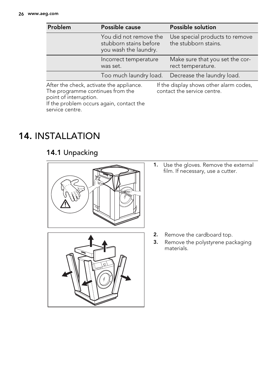 Installation, 1 unpacking | AEG L76285FL User Manual | Page 26 / 36