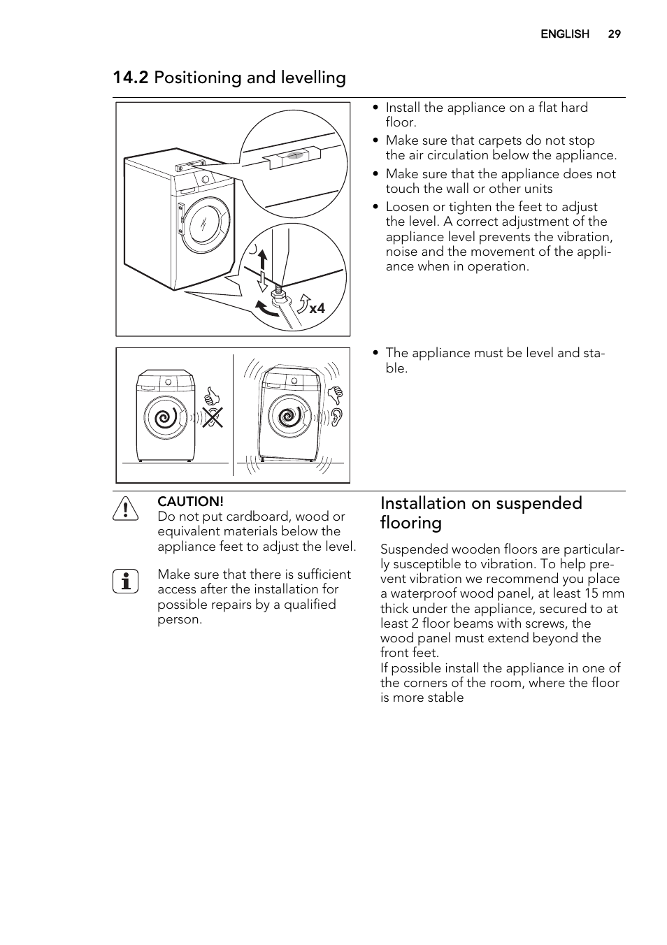 2 positioning and levelling, Installation on suspended flooring | AEG L76285FL User Manual | Page 29 / 36