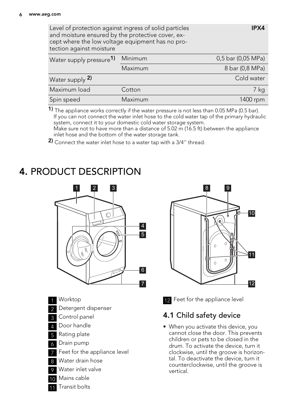 Product description, 1 child safety device | AEG L76285FL User Manual | Page 6 / 36