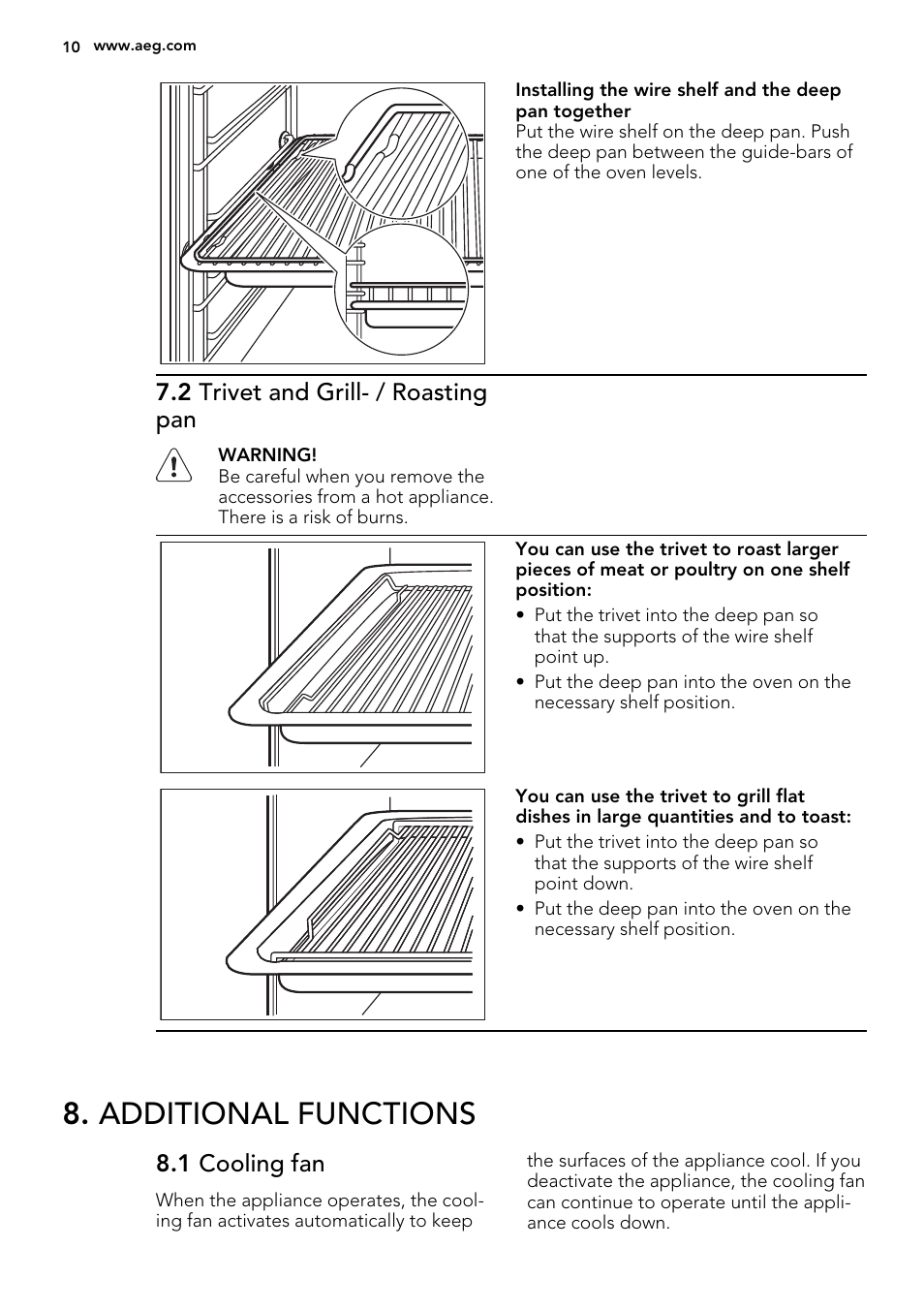Additional functions, 2 trivet and grill- / roasting pan, 1 cooling fan | AEG BP5304001M User Manual | Page 10 / 32