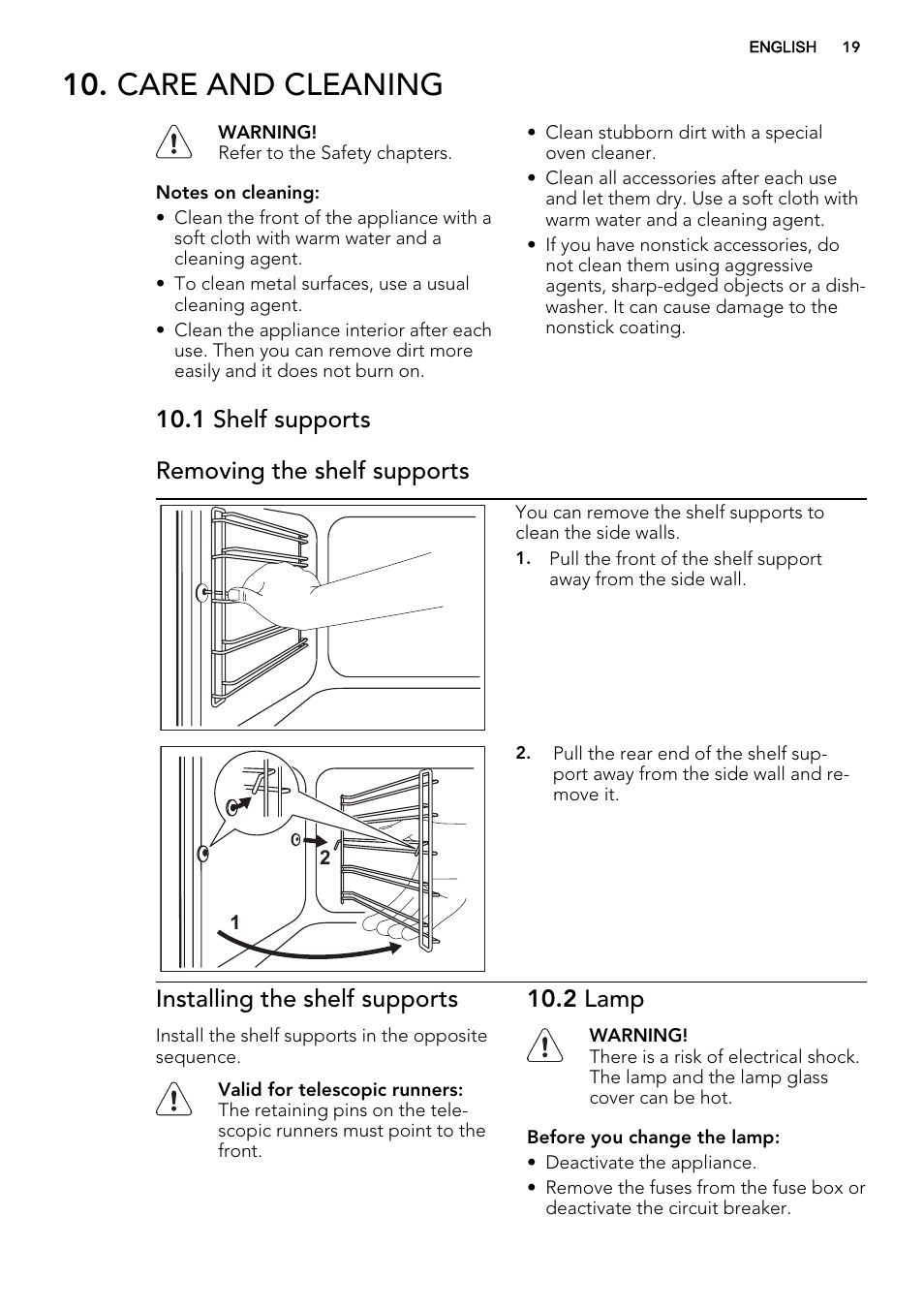 Care and cleaning, 1 shelf supports removing the shelf supports, Installing the shelf supports | 2 lamp | AEG BP5304001M User Manual | Page 19 / 32