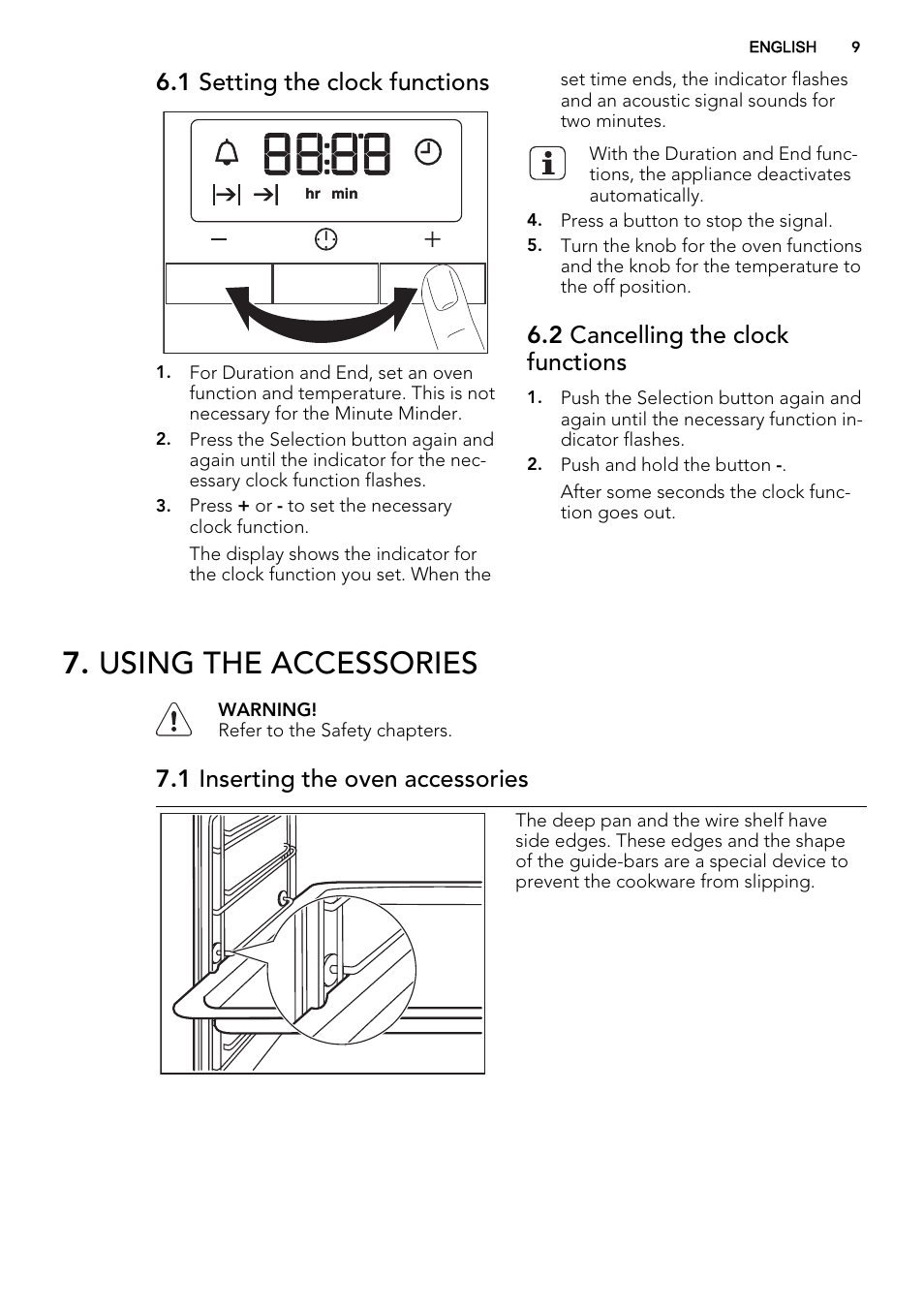 Using the accessories, 1 setting the clock functions, 2 cancelling the clock functions | 1 inserting the oven accessories | AEG BP5304001M User Manual | Page 9 / 32