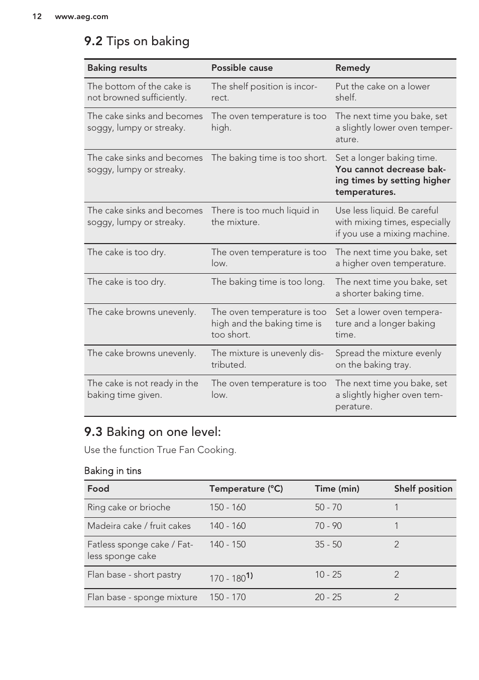 2 tips on baking, 3 baking on one level | AEG BP5304001M User Manual | Page 12 / 24