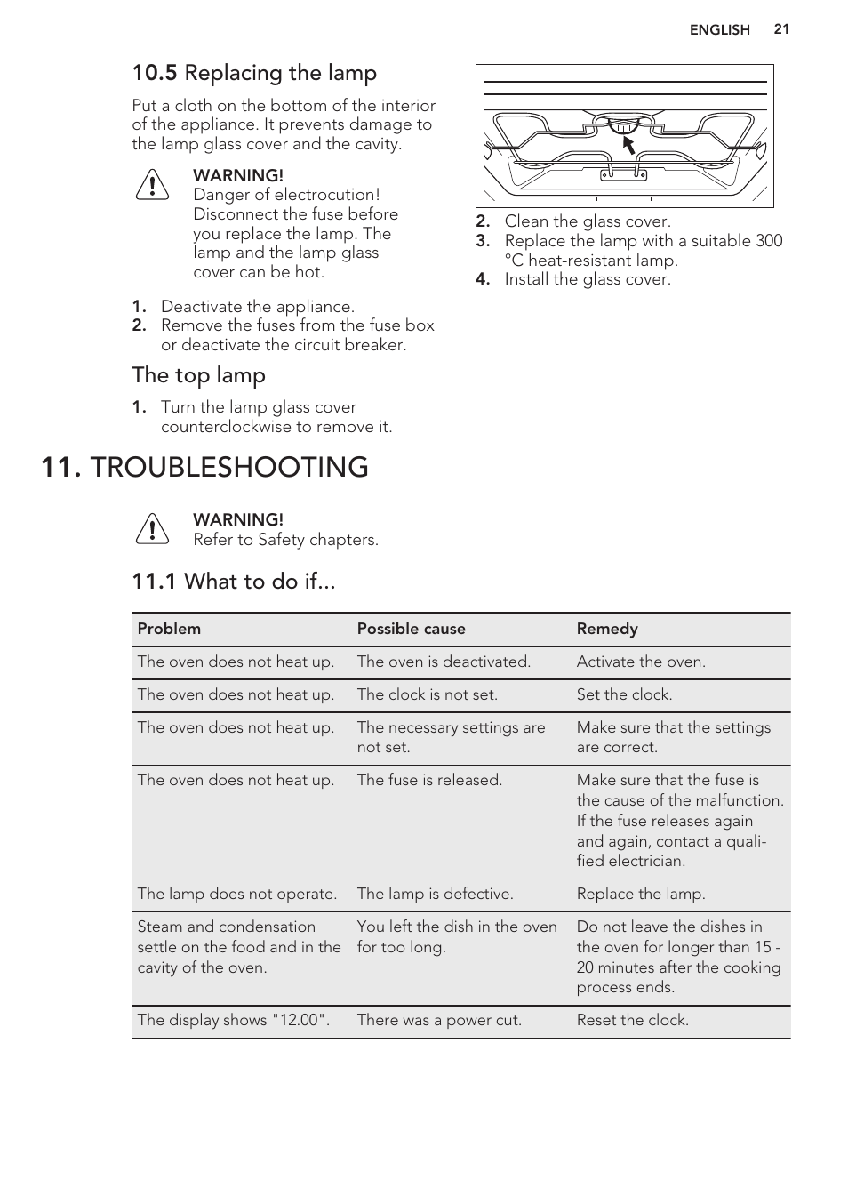 5 replacing the lamp, The top lamp, Troubleshooting | 1 what to do if | AEG BP5304001M User Manual | Page 21 / 24