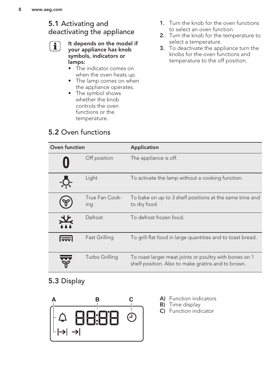 1 activating and deactivating the appliance, 2 oven functions, 3 display | AEG BP5304001M User Manual | Page 8 / 24