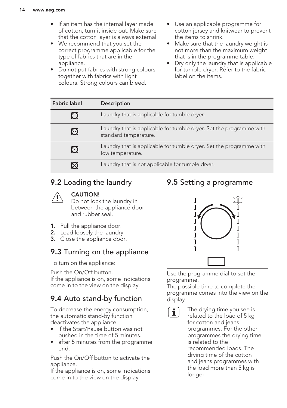 2 loading the laundry, 3 turning on the appliance, 4 auto stand-by function | 5 setting a programme | AEG T76485AH User Manual | Page 14 / 24