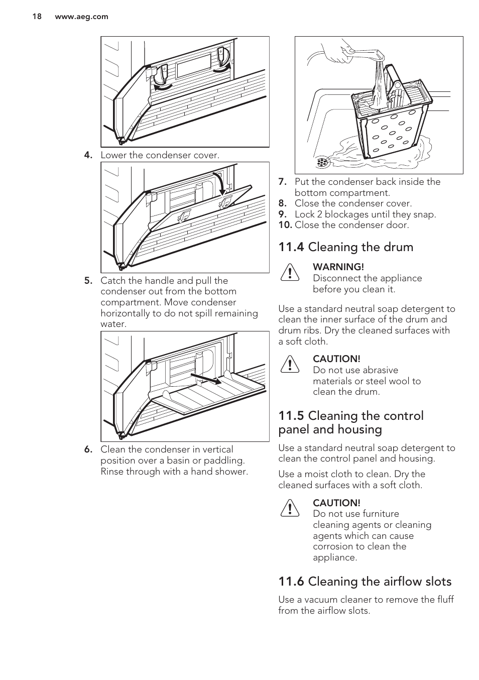 4 cleaning the drum, 5 cleaning the control panel and housing, 6 cleaning the airflow slots | AEG T76485AH User Manual | Page 18 / 24
