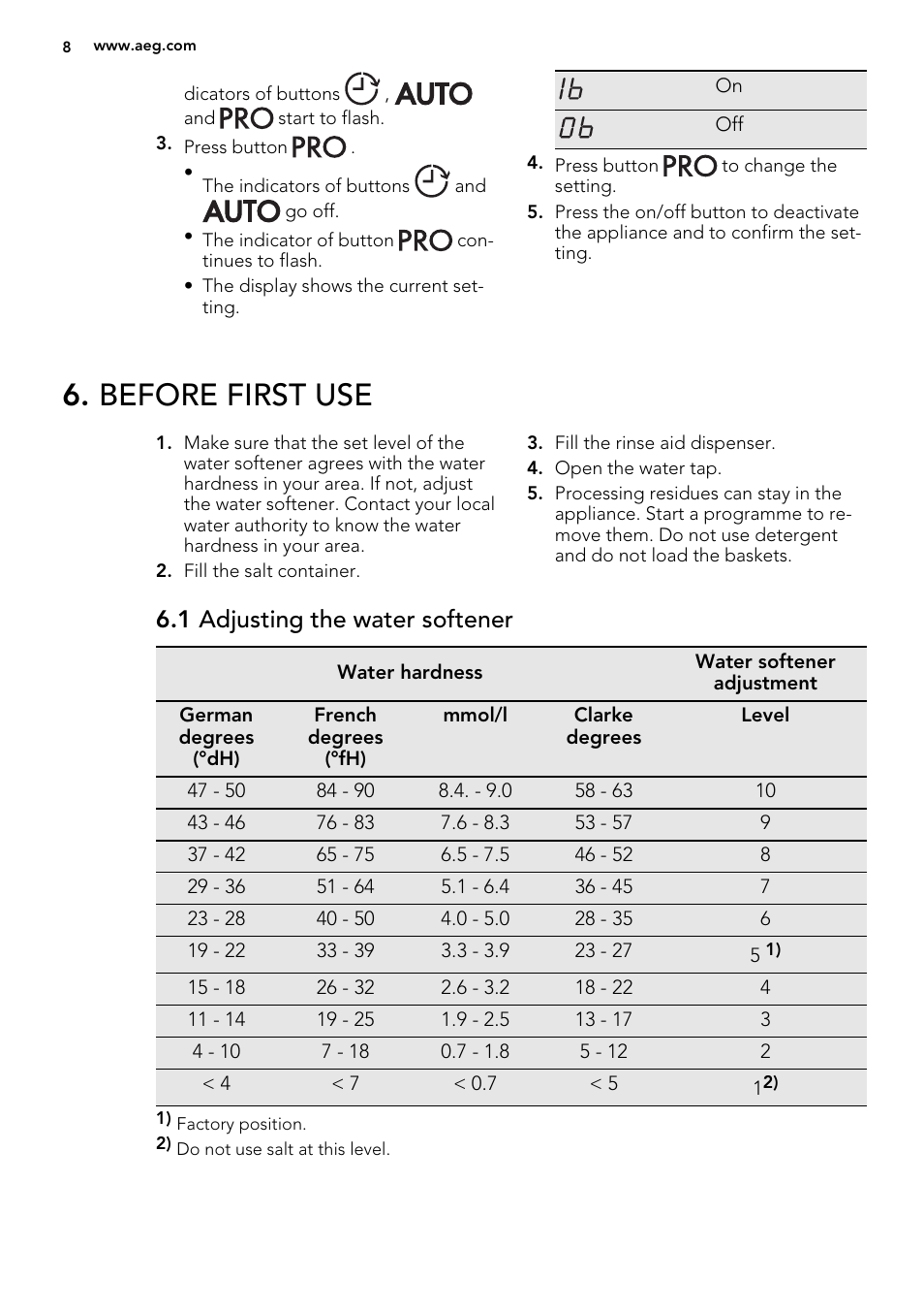 Before first use, 1 adjusting the water softener | AEG F78400VI0P User Manual | Page 8 / 20