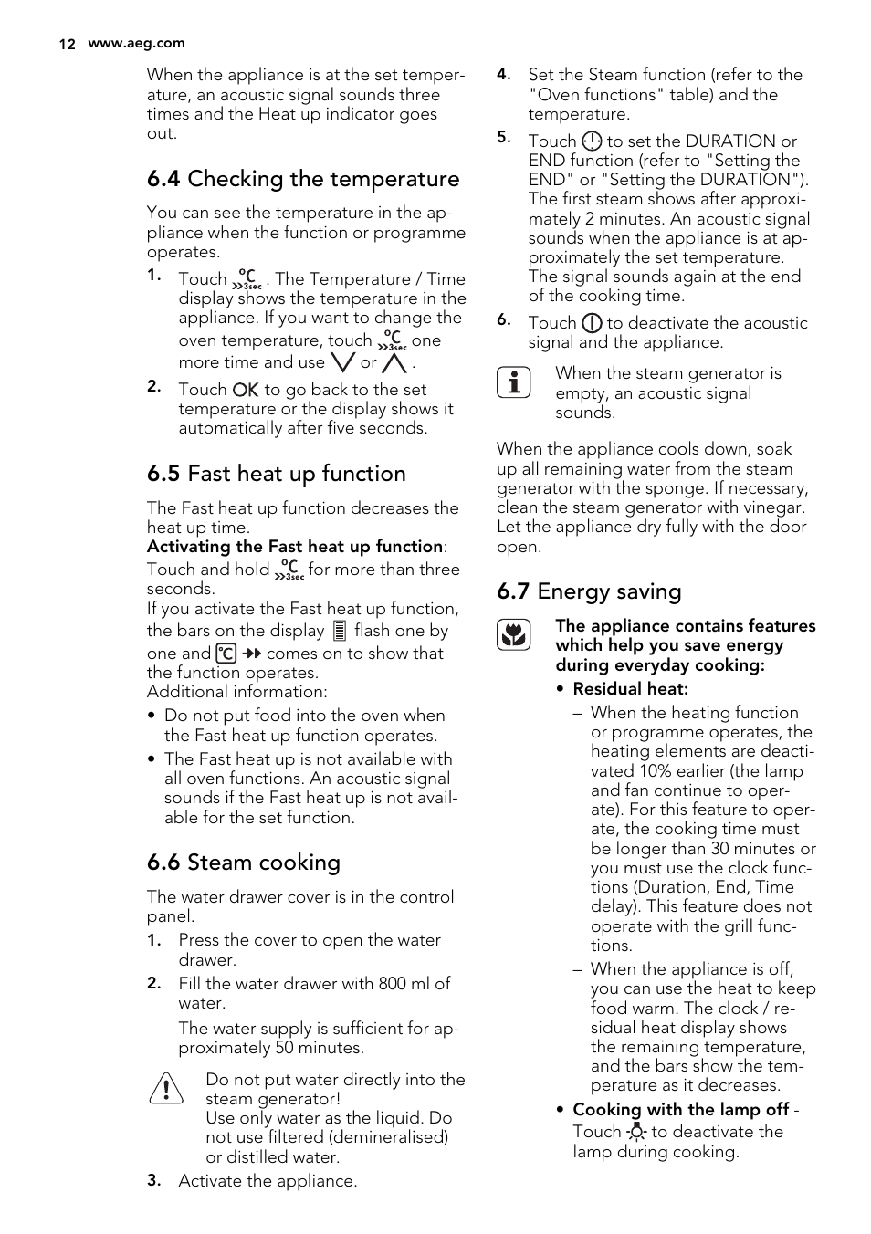 4 checking the temperature, 5 fast heat up function, 6 steam cooking | 7 energy saving | AEG BY9314001M User Manual | Page 12 / 52