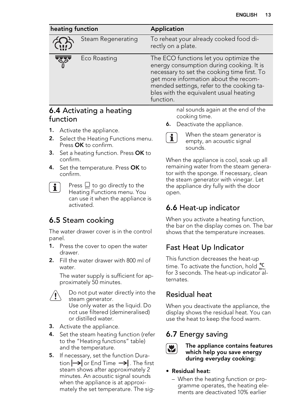 4 activating a heating function, 5 steam cooking, 6 heat-up indicator | Fast heat up indicator, Residual heat, 7 energy saving | AEG BS7304021M User Manual | Page 13 / 52