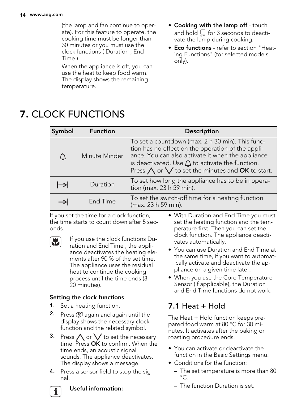 Clock functions, 1 heat + hold | AEG BS7304021M User Manual | Page 14 / 52