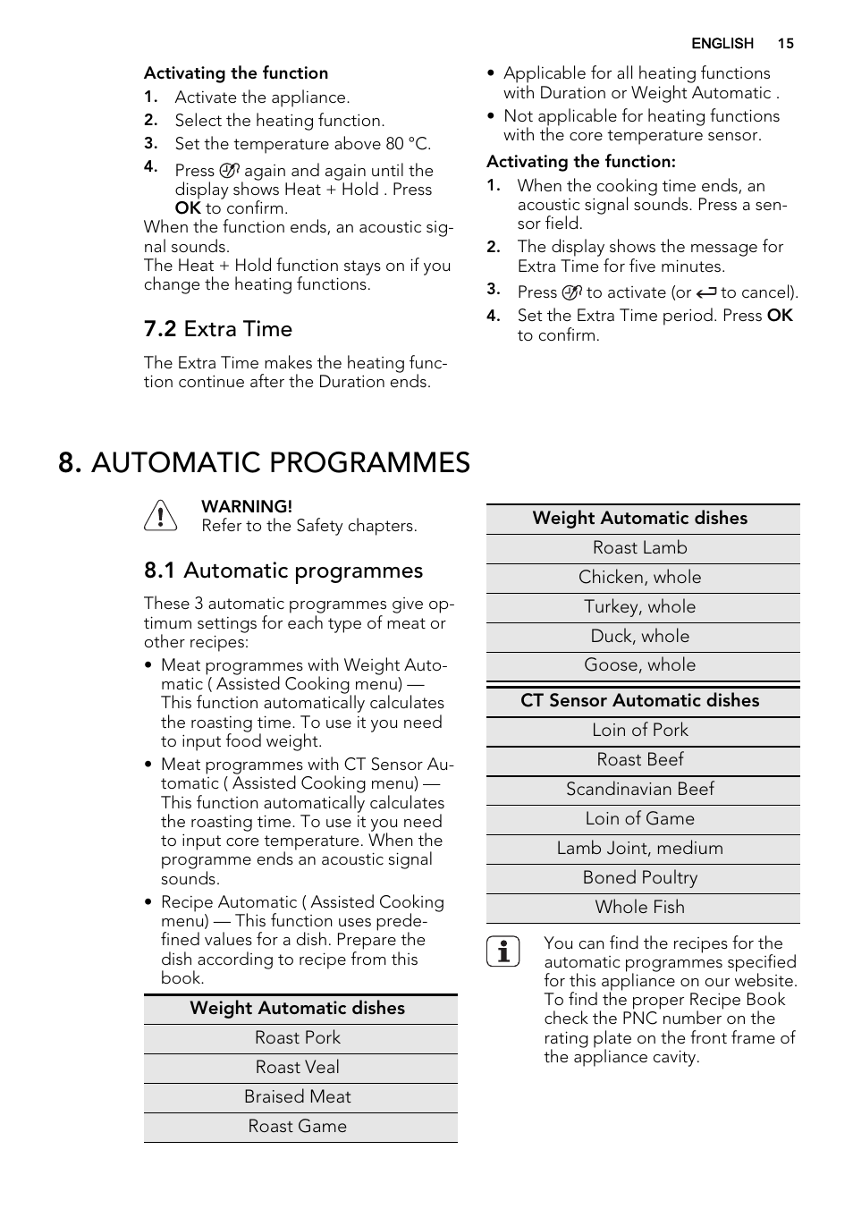 Automatic programmes, 2 extra time, 1 automatic programmes | AEG BS7304021M User Manual | Page 15 / 52