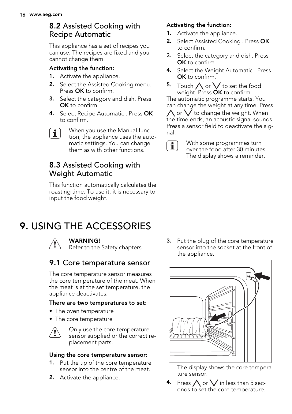 Using the accessories, 2 assisted cooking with recipe automatic, 3 assisted cooking with weight automatic | 1 core temperature sensor | AEG BS7304021M User Manual | Page 16 / 52