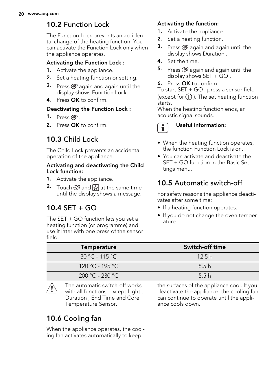 2 function lock, 3 child lock, 4 set + go | 5 automatic switch-off, 6 cooling fan | AEG BS7304021M User Manual | Page 20 / 52