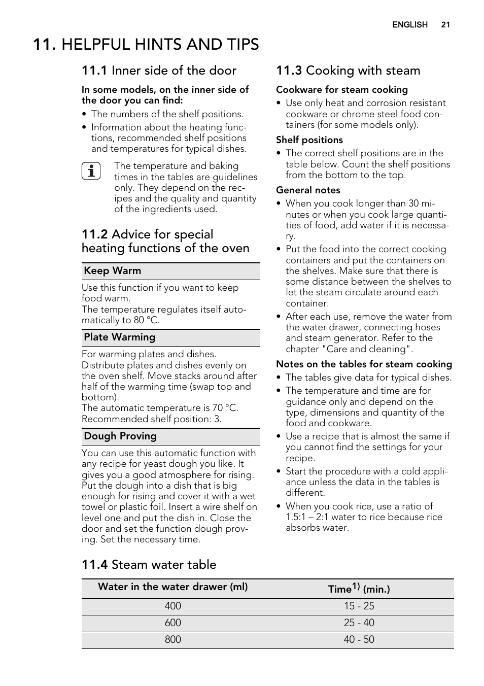 Helpful hints and tips, 1 inner side of the door, 2 advice for special heating functions of the oven | 3 cooking with steam, 4 steam water table | AEG BS7304021M User Manual | Page 21 / 52