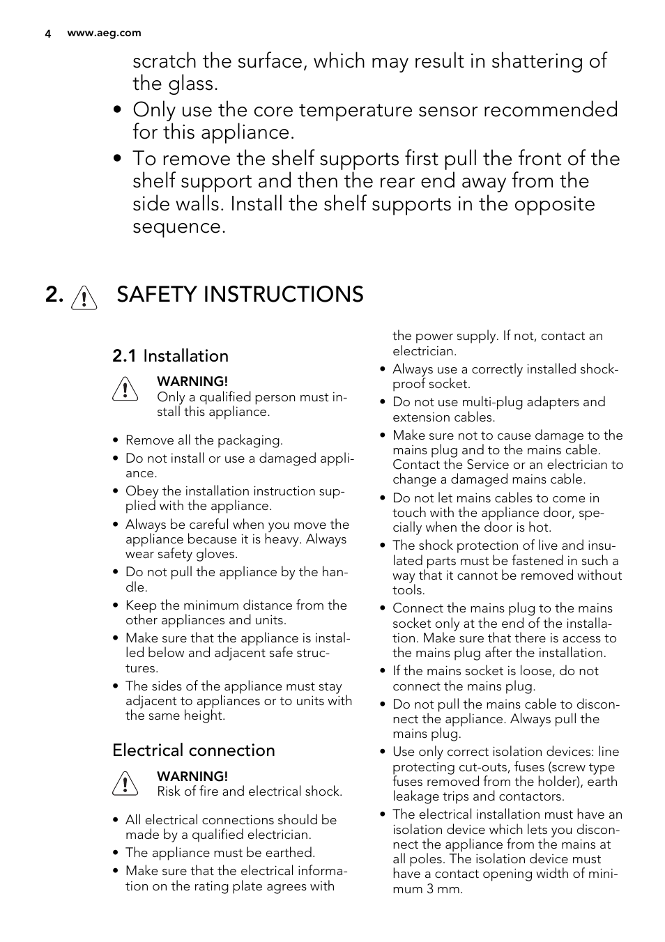 Safety instructions, 1 installation, Electrical connection | AEG BS7304021M User Manual | Page 4 / 52