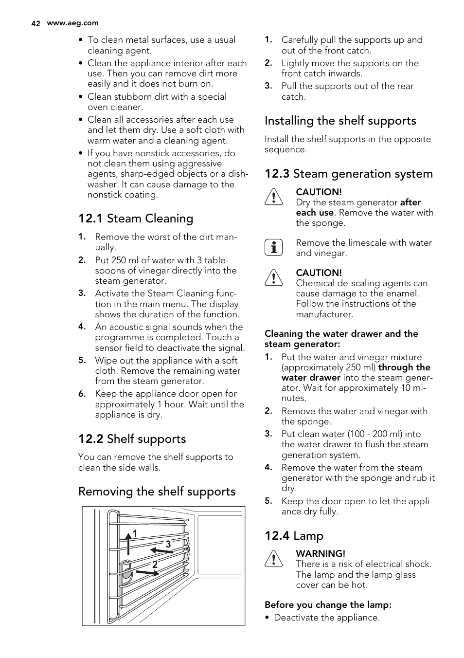 1 steam cleaning, 2 shelf supports, Removing the shelf supports | Installing the shelf supports, 3 steam generation system, 4 lamp | AEG BS7304021M User Manual | Page 42 / 52