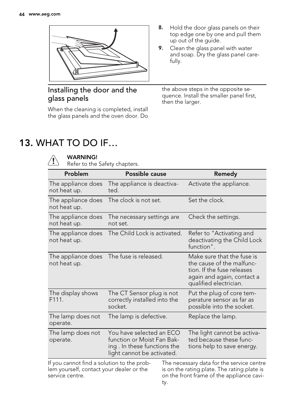 What to do if, Installing the door and the glass panels | AEG BS7304021M User Manual | Page 44 / 52