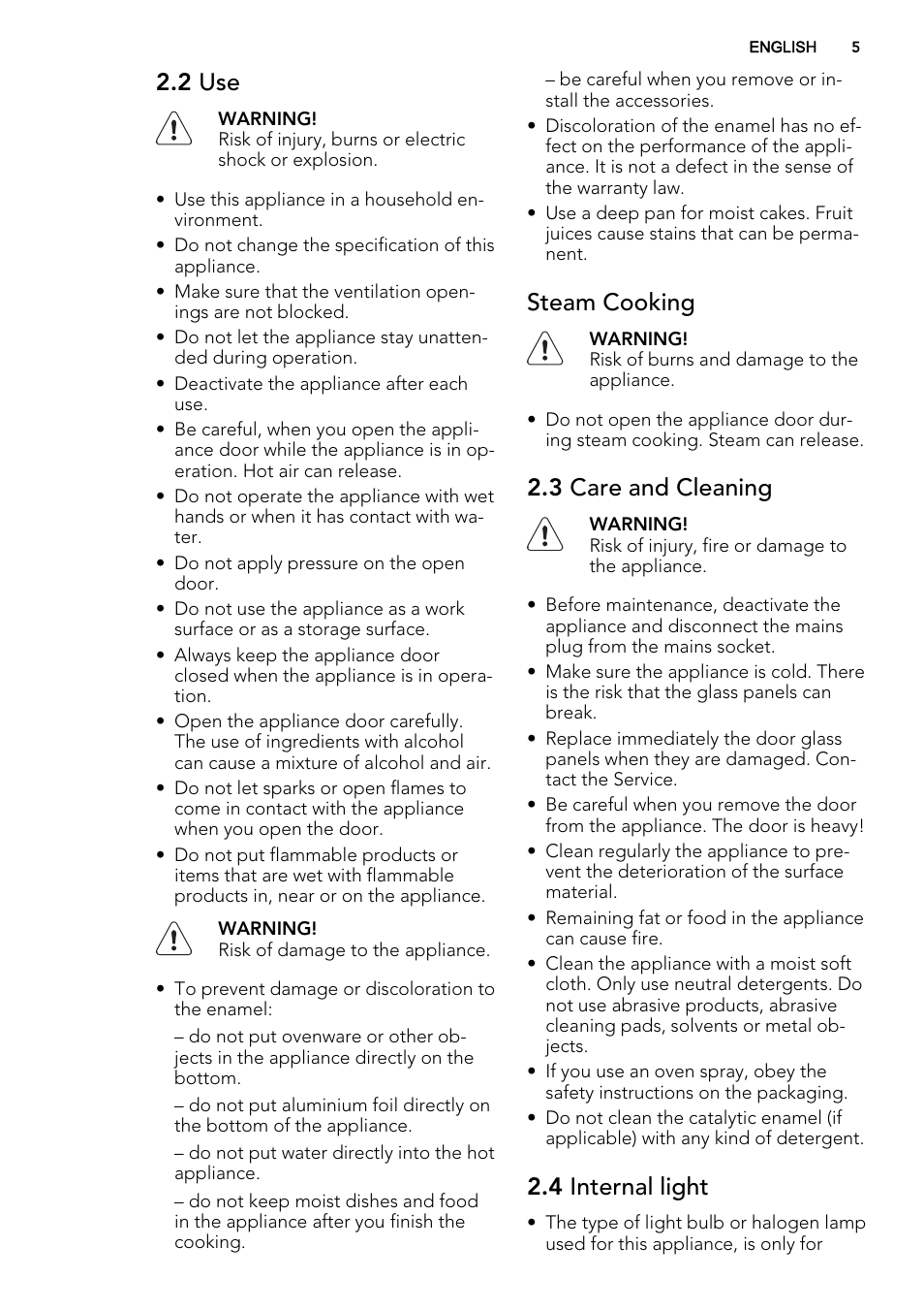 2 use, Steam cooking, 3 care and cleaning | 4 internal light | AEG BS7304021M User Manual | Page 5 / 52