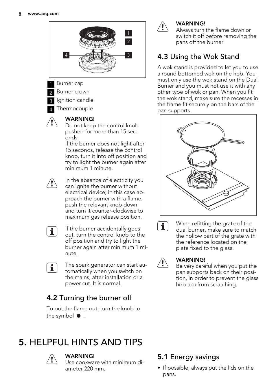 Helpful hints and tips, 2 turning the burner off, 3 using the wok stand | 1 energy savings | AEG HC452400EB User Manual | Page 8 / 20