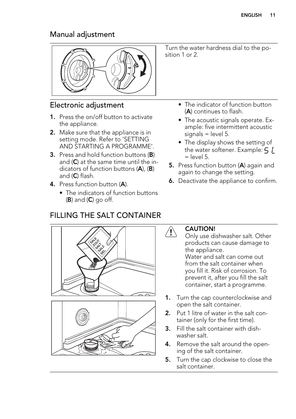 Manual adjustment, Electronic adjustment, Filling the salt container | AEG F78400VI0P User Manual | Page 11 / 24