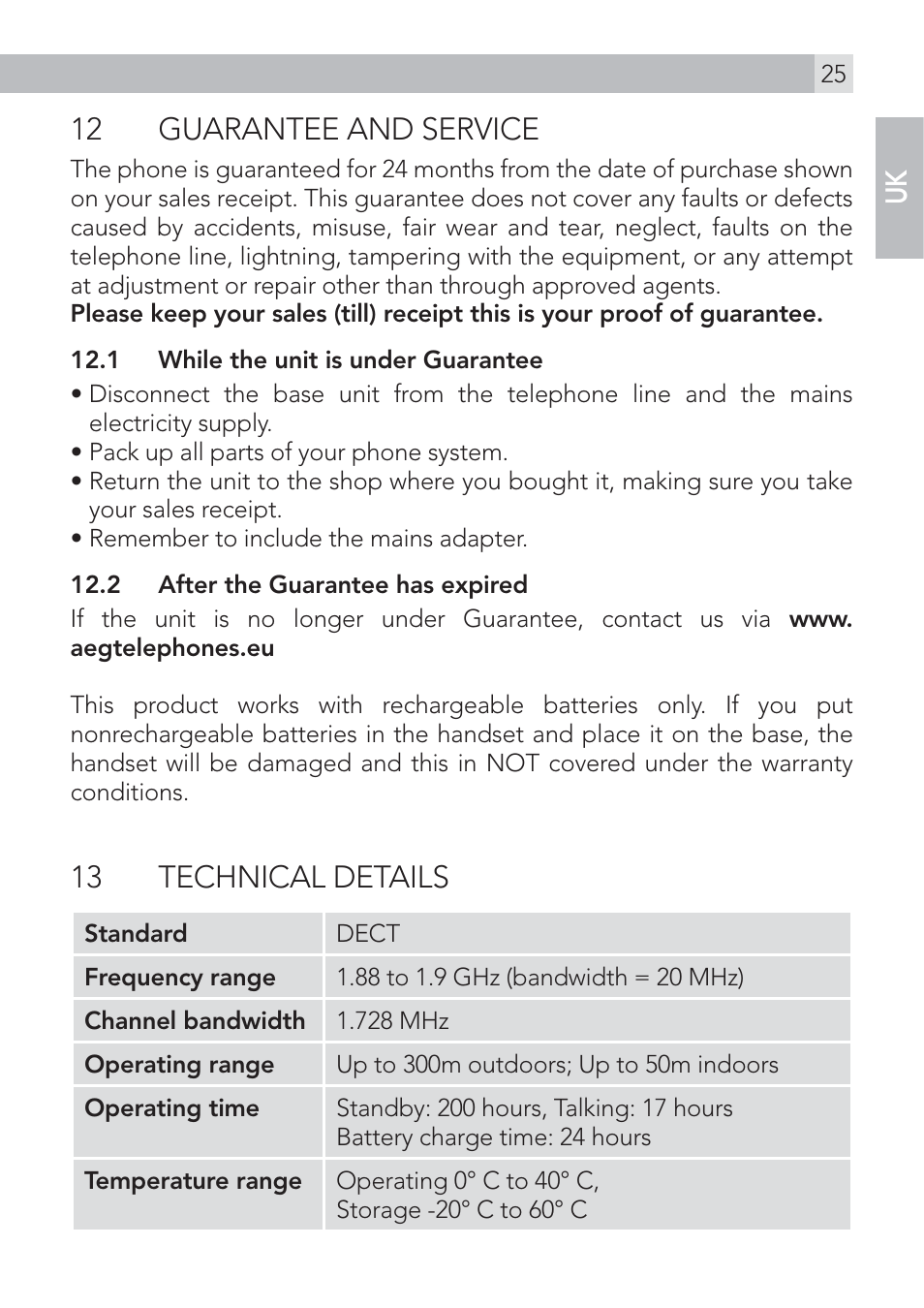 12 guarantee and service, 13 technical details | AEG Voxtel D575 User Manual | Page 25 / 136