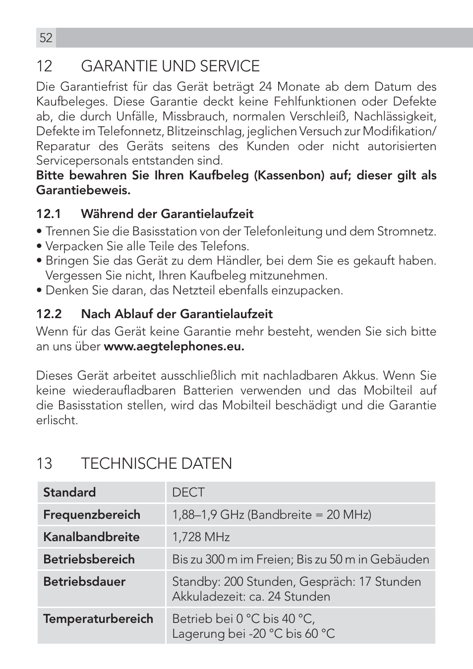 12 garantie und service, 13 technische daten | AEG Voxtel D575 User Manual | Page 52 / 136