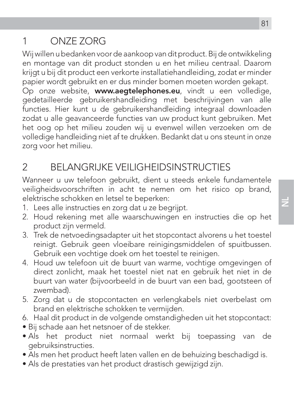 1 onze zorg, 2 belangrijke veiligheidsinstructies | AEG Voxtel D575 User Manual | Page 81 / 136