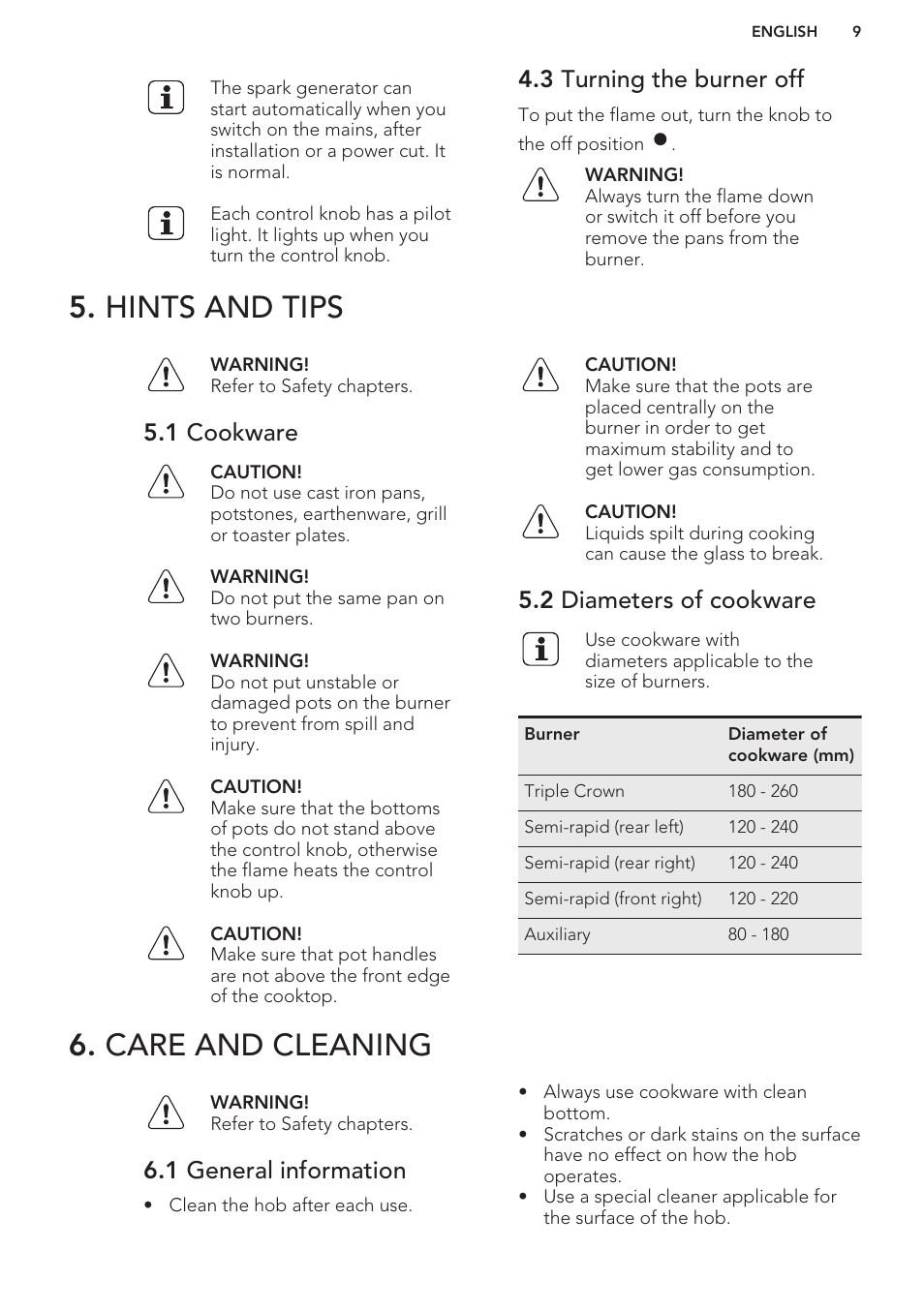 3 turning the burner off, Hints and tips, 1 cookware | 2 diameters of cookware, Care and cleaning, 1 general information, Hints and tips 6. care and cleaning | AEG HG654320NM User Manual | Page 9 / 20