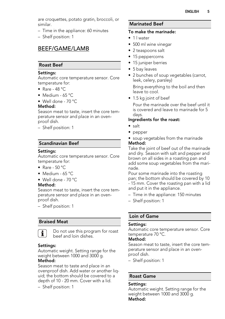 Beef/game/lamb | AEG BE3003021W User Manual | Page 5 / 28