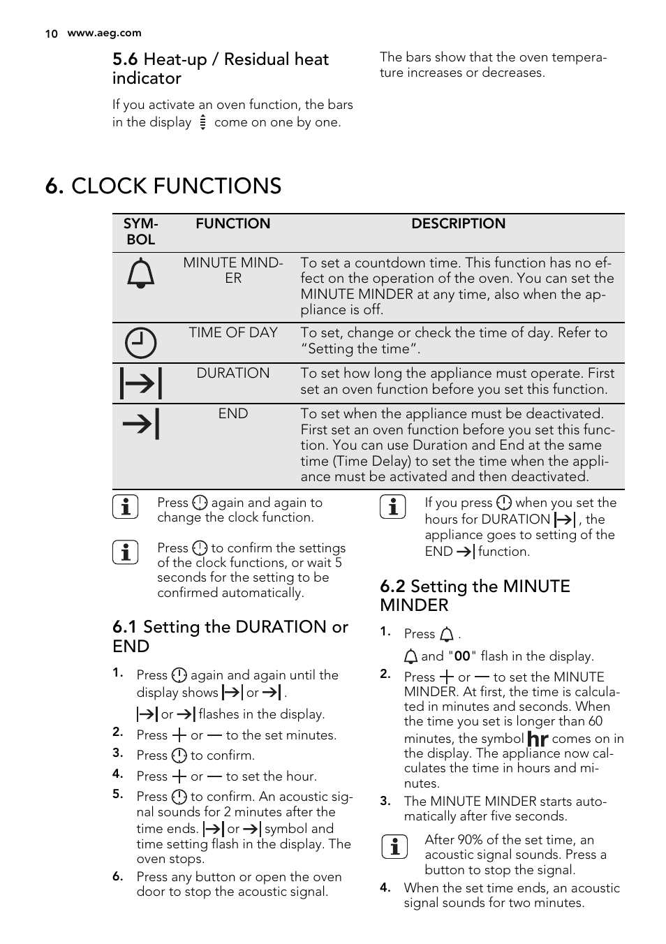 Clock functions, 6 heat-up / residual heat indicator, 1 setting the duration or end | 2 setting the minute minder | AEG BP7304021M User Manual | Page 10 / 40