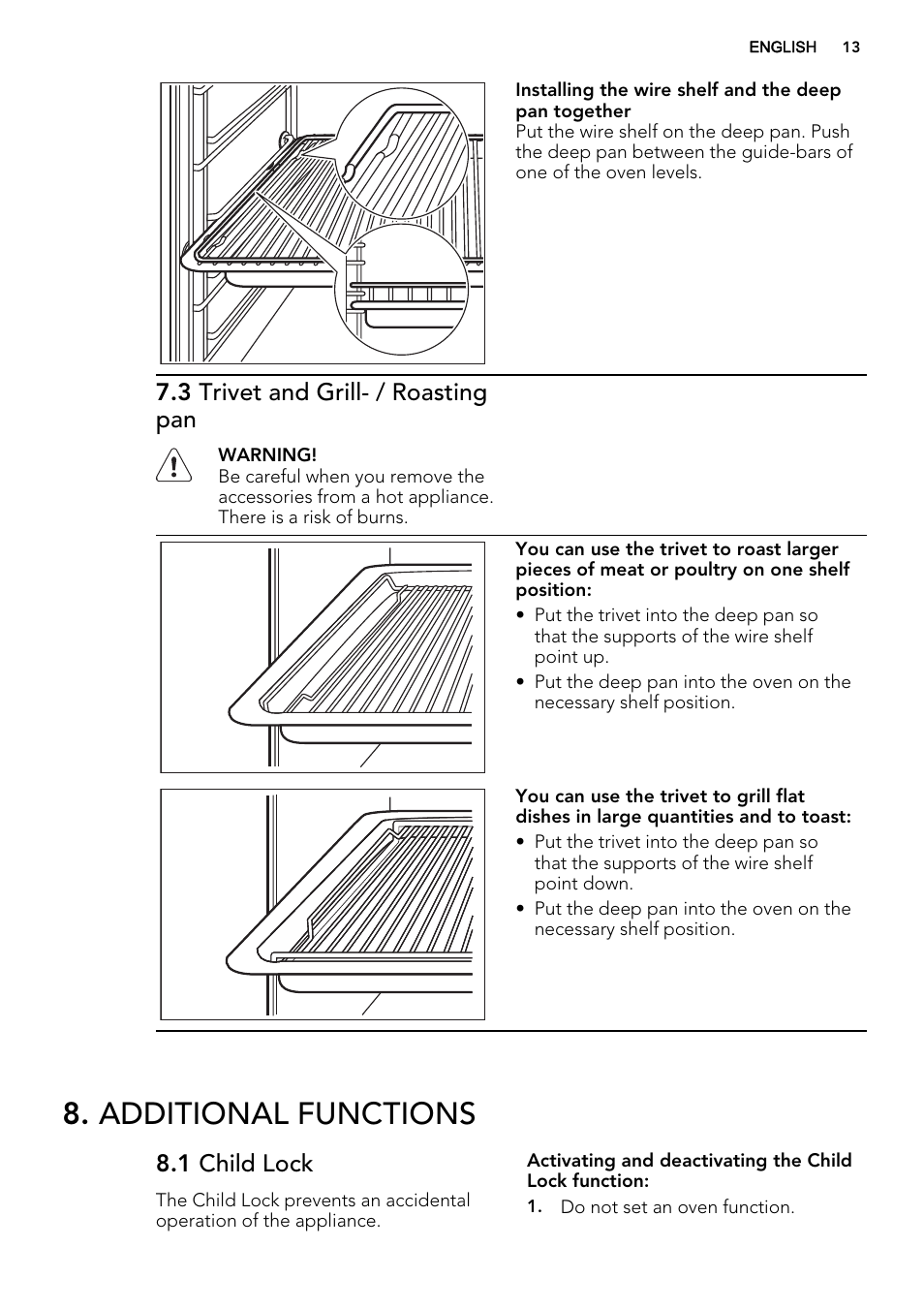 Additional functions, 3 trivet and grill- / roasting pan, 1 child lock | AEG BP7304021M User Manual | Page 13 / 40