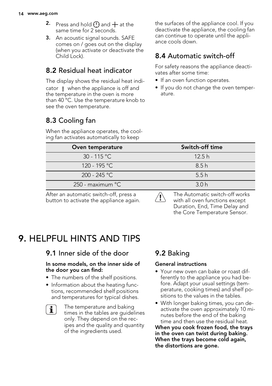 Helpful hints and tips, 2 residual heat indicator, 3 cooling fan | 4 automatic switch-off, 1 inner side of the door, 2 baking | AEG BP7304021M User Manual | Page 14 / 40