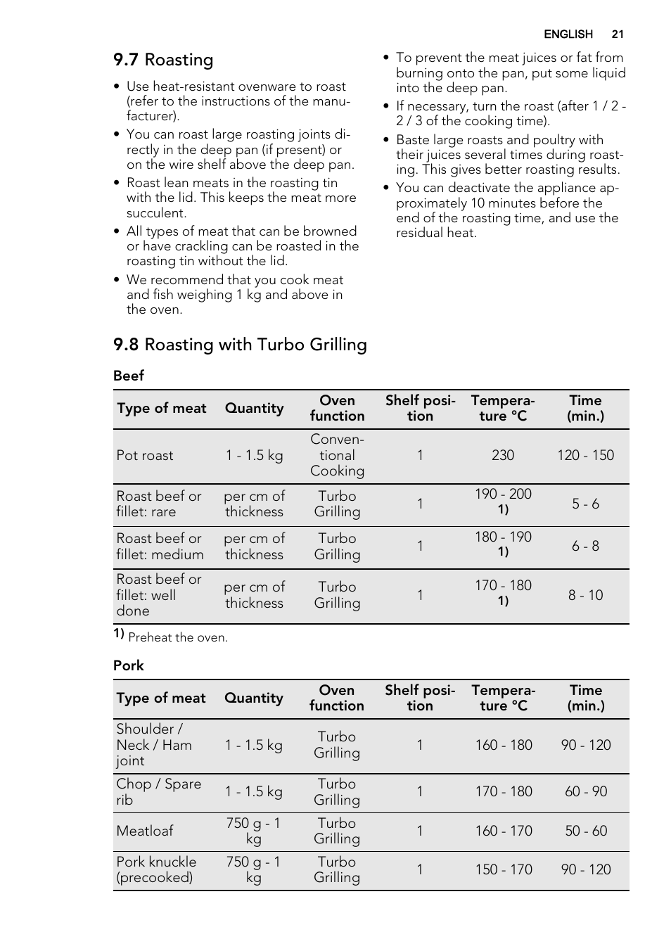 7 roasting, 8 roasting with turbo grilling | AEG BP7304021M User Manual | Page 21 / 40