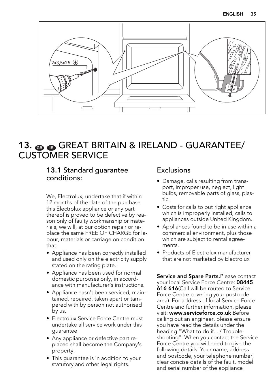 1 standard guarantee conditions, Exclusions | AEG BP7304021M User Manual | Page 35 / 40