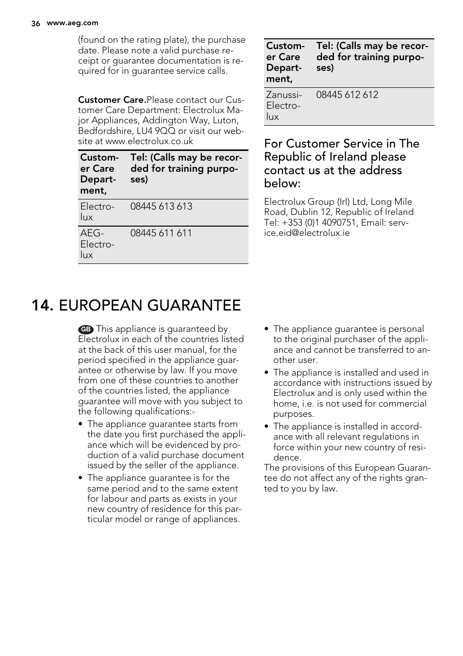 European guarantee | AEG BP7304021M User Manual | Page 36 / 40