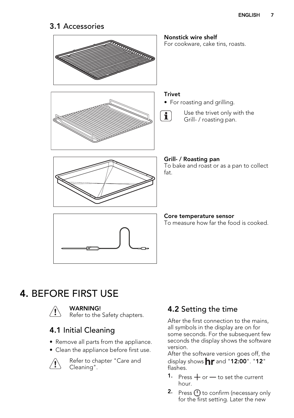 Before first use, 1 accessories, 1 initial cleaning | 2 setting the time | AEG BP7304021M User Manual | Page 7 / 40