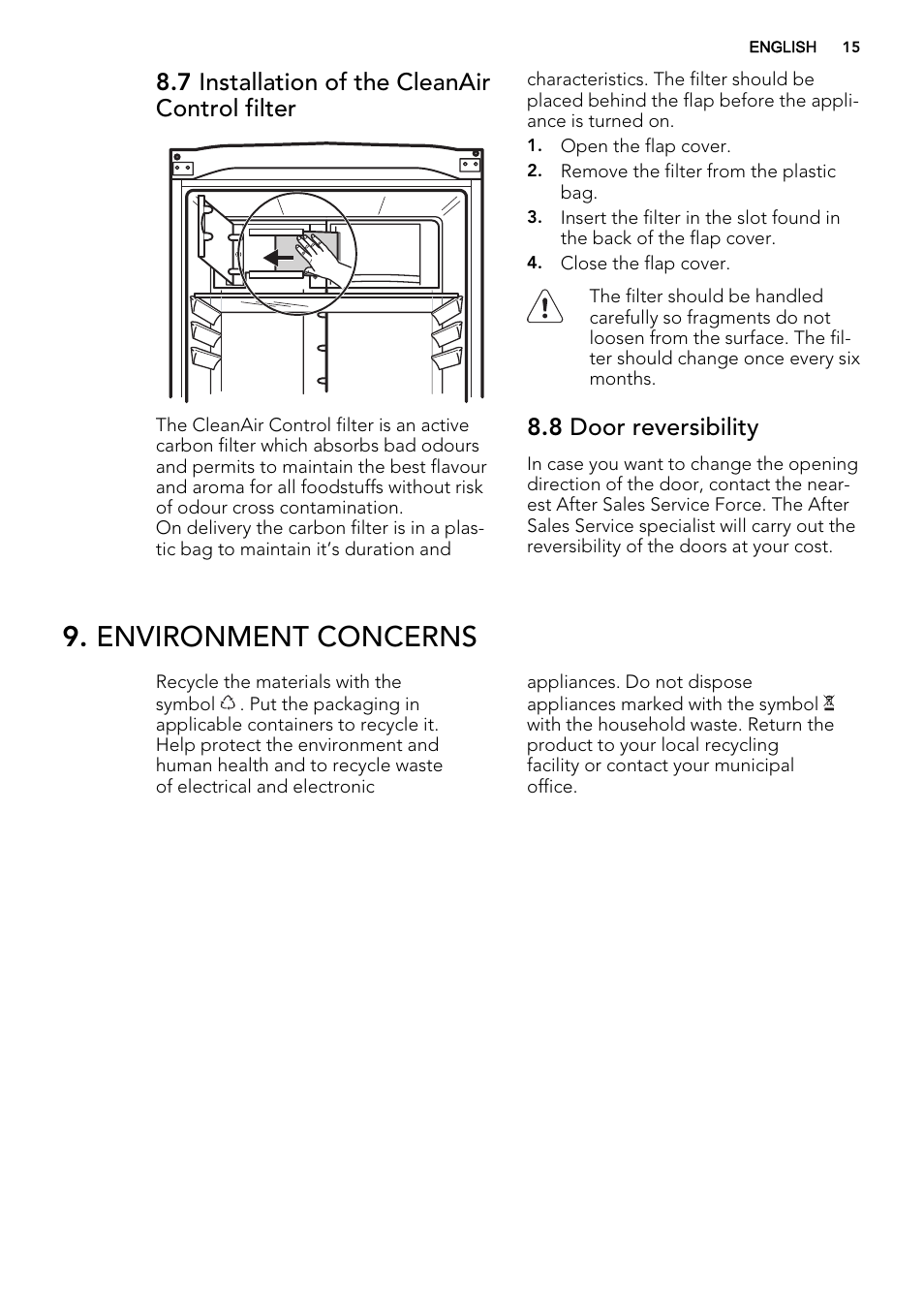 Environment concerns, 7 installation of the cleanair control filter, 8 door reversibility | AEG S95500XNM0 User Manual | Page 15 / 16