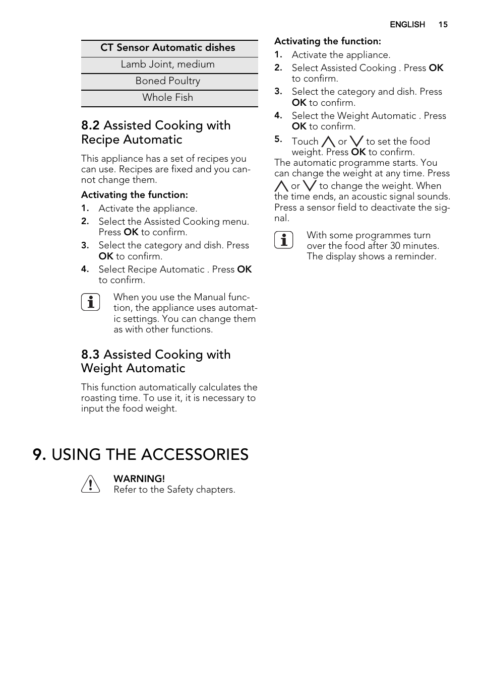 Using the accessories, 2 assisted cooking with recipe automatic, 3 assisted cooking with weight automatic | AEG BP8615001M User Manual | Page 15 / 36